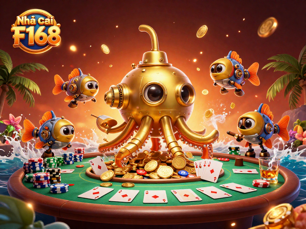 Experience excitement at Nhà cái F168 with colorful poker elements and a golden kraken submarine illustration.