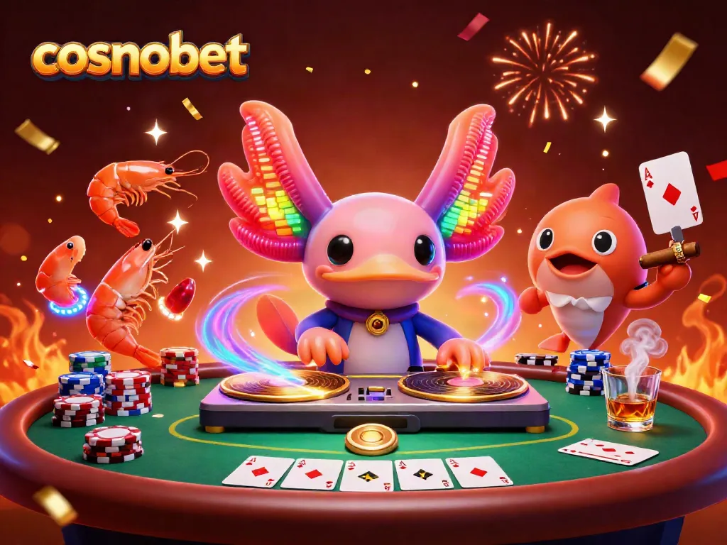 Experience the vibrant excitement at Cosmobet casino featuring neon axolotl DJ and energetic shrimp dancers.