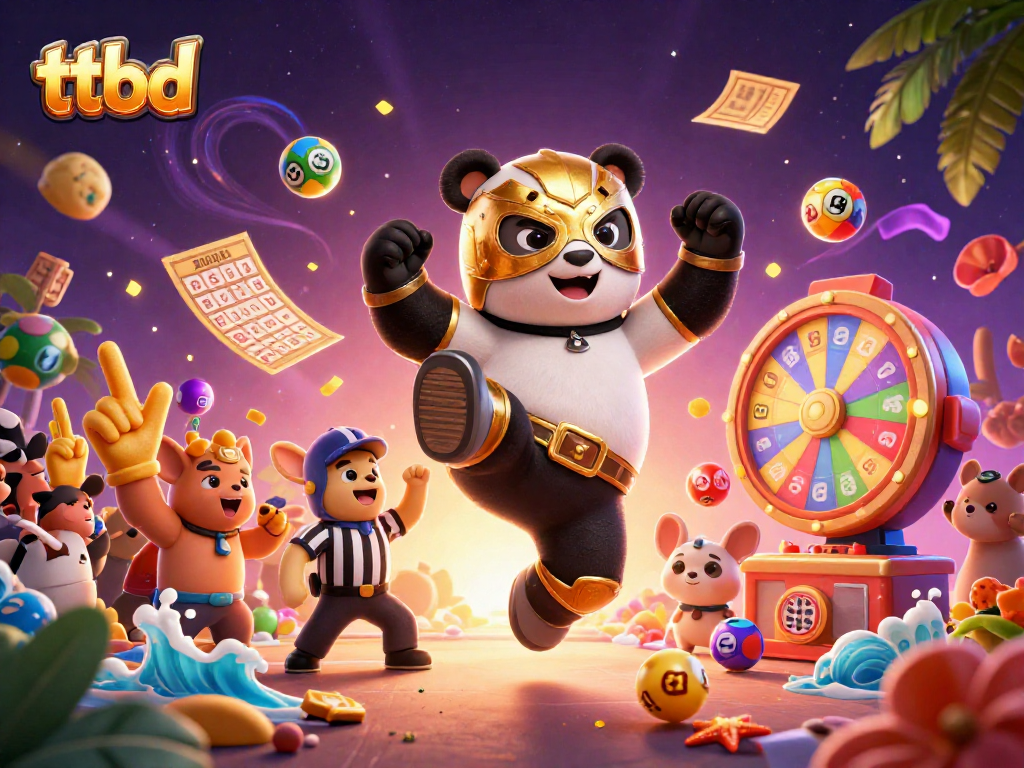 Experience the thrill of ttbd with dynamic scenes of a panda wrestler in action, surrounded by vibrant lottery elements.