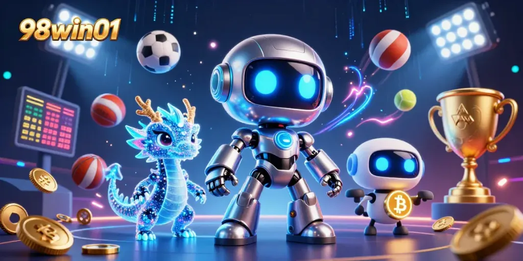 Engage with 98win01's thrilling sport betting experience featuring cyberpunk mascots and dynamic graphics.