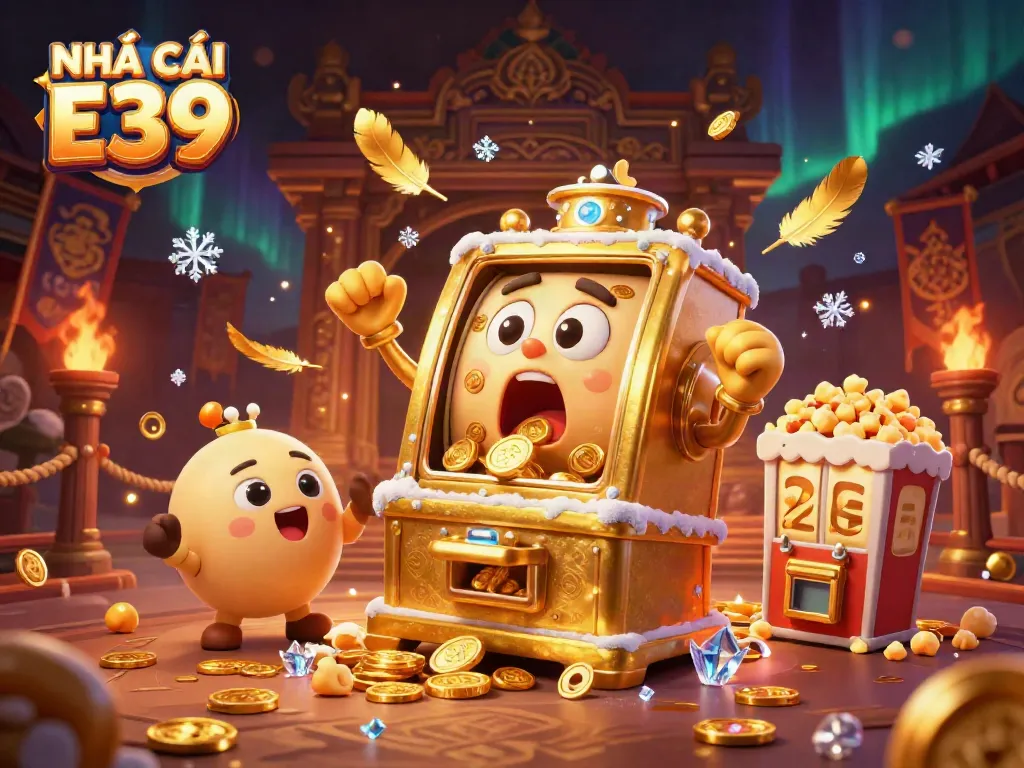 Experience the thrill at NHÀ CÁI E39 with a stunning slot machine celebrating its jackpot in a vibrant casino scene.