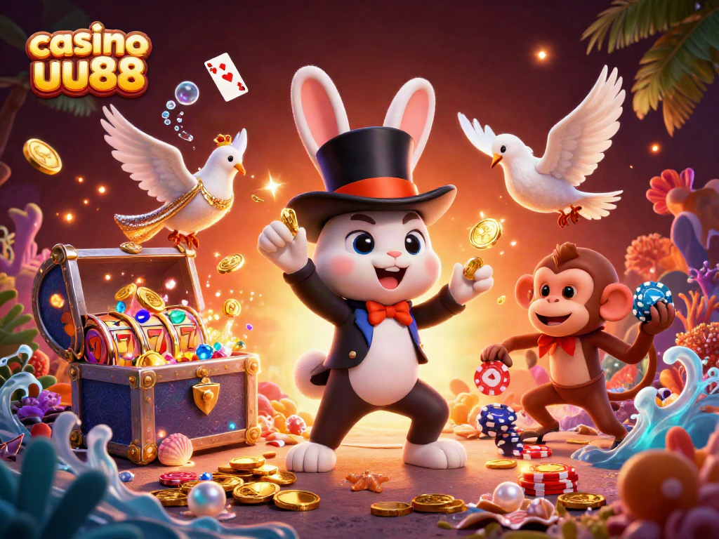 Engage with the vibrant scene of casino uu88 featuring a magician rabbit, dove, and monkey amidst casino treasures.