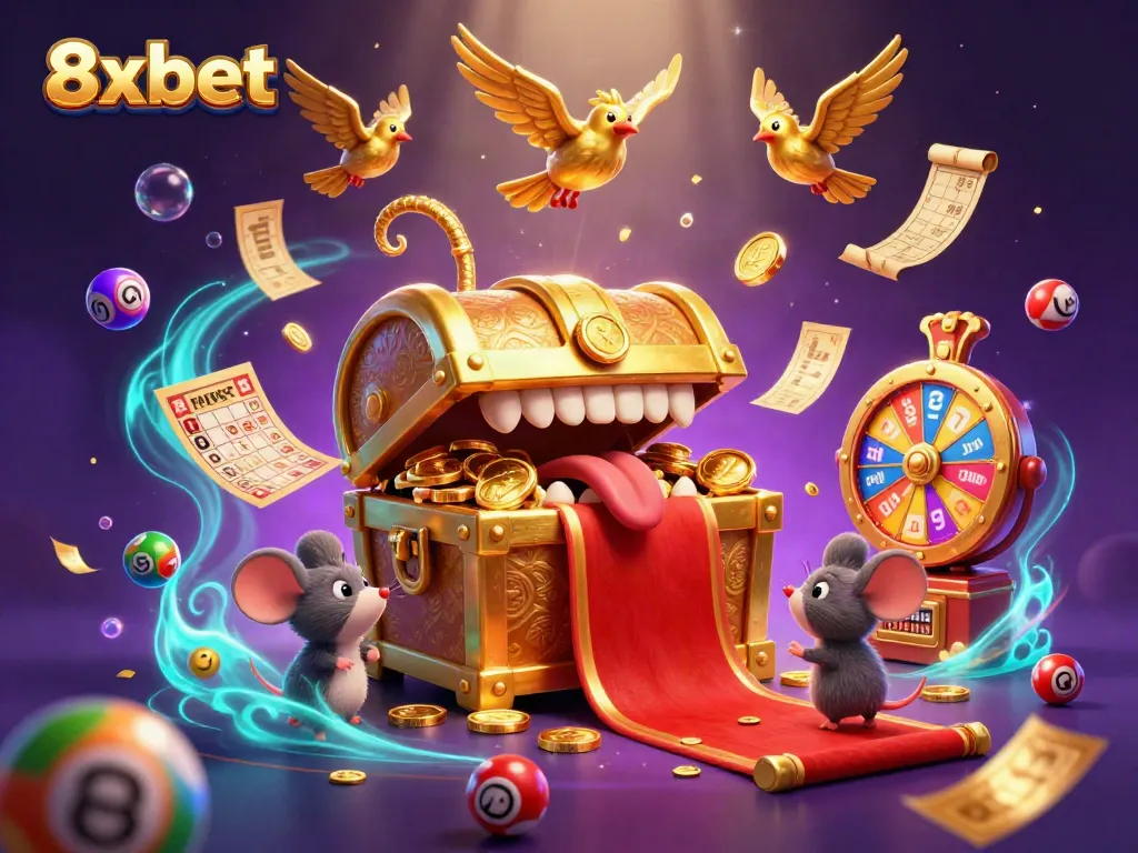 Engage in thrilling gaming adventures with 8xbet's vibrant lottery scene, featuring a magical treasure chest.
