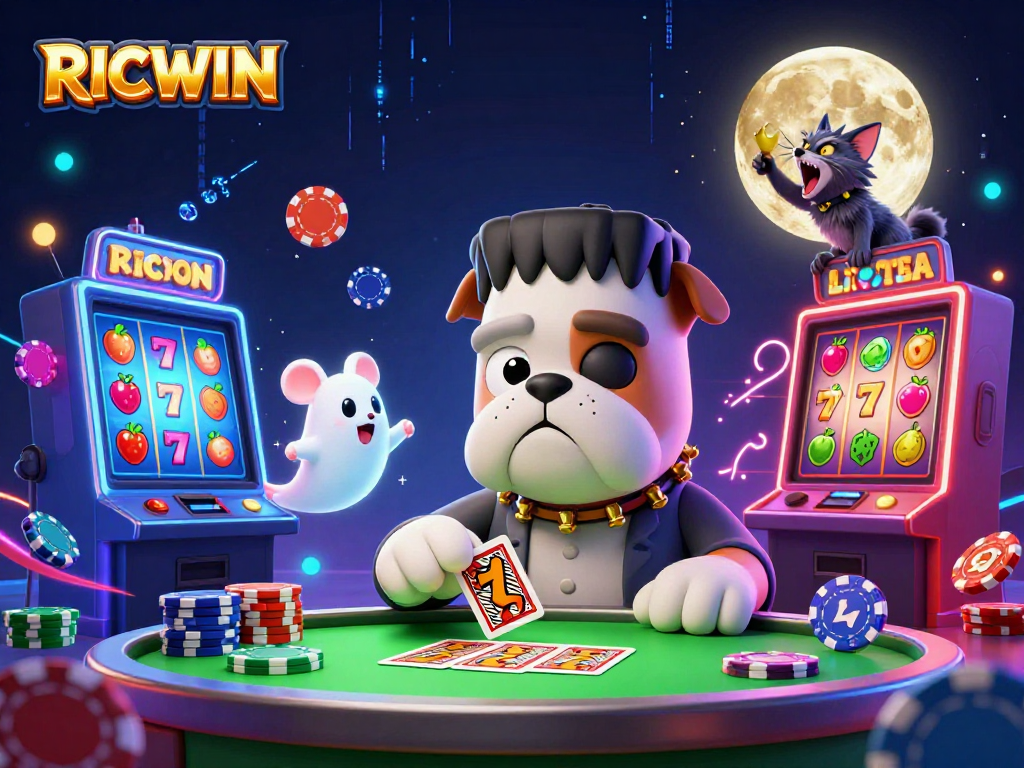 Join RICWIN at the thrilling slot table with quirky characters and vibrant gaming elements.
