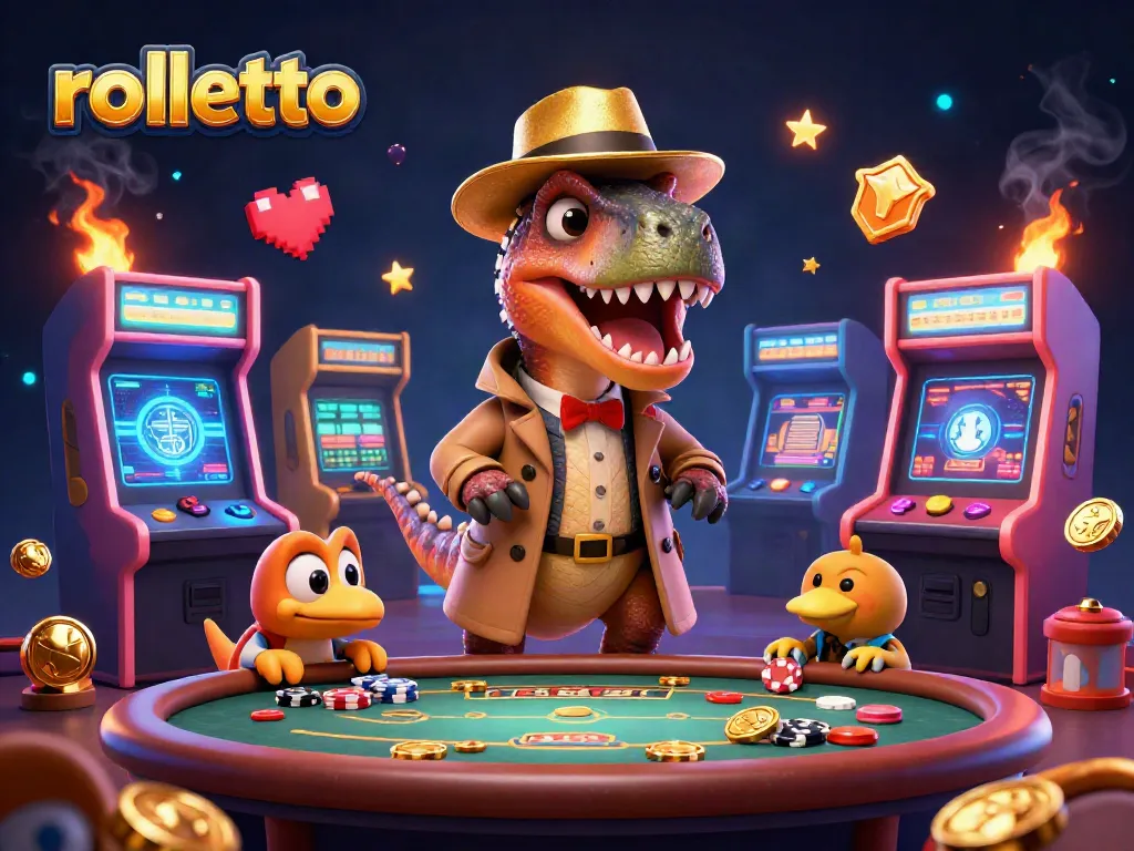 rolletto showcases a clever velociraptor at a blackjack table amidst colorful casino gaming elements