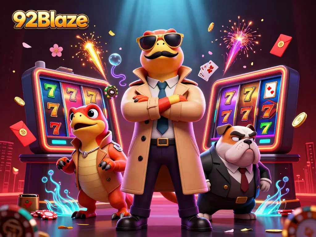 Experience the excitement of 92Blaze with vibrant slot reels and dynamic gaming in a colorful casino lounge.