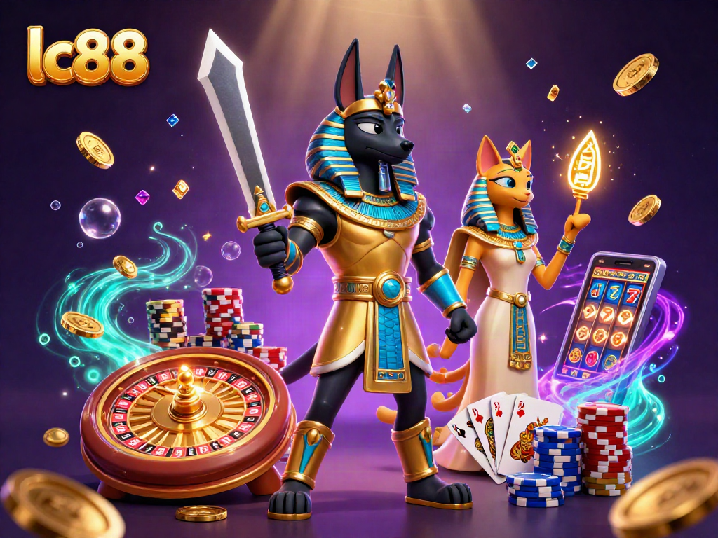 Win big at lc88 with this vibrant casino-themed illustration featuring Anubis and Bastet, surrounded by colorful gaming elements.