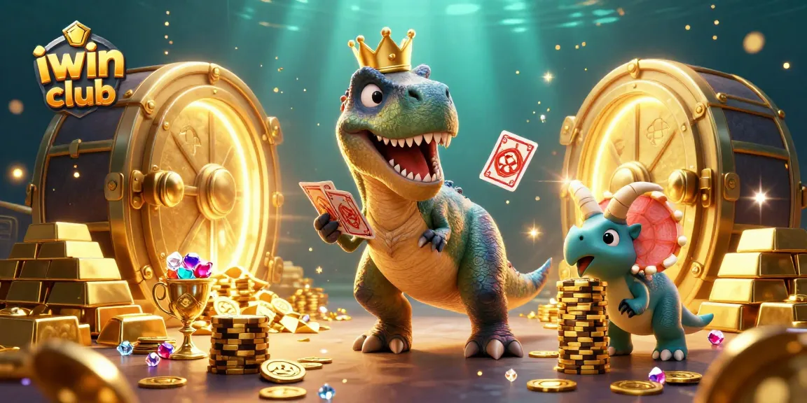 iwin club's playful T-Rex with cards and a triceratops stacking chips in an exciting casino scene