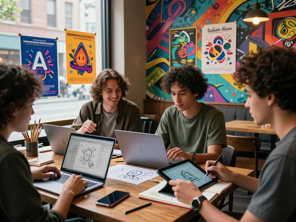 Group of young adults exploring AI tools and technology in a vibrant urban café, showcasing the concept of ai slut in creative digital expression.