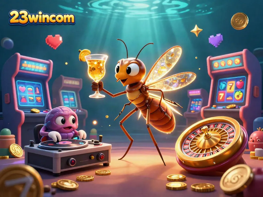 Engage in vibrant casino fun with 23wincom's charming characters and golden gaming elements.
