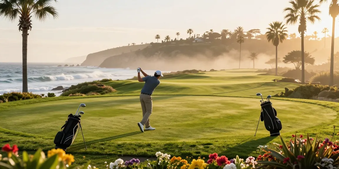 View of Cullen Golf Club at sunrise with a golfer practicing swing on the coastal course.