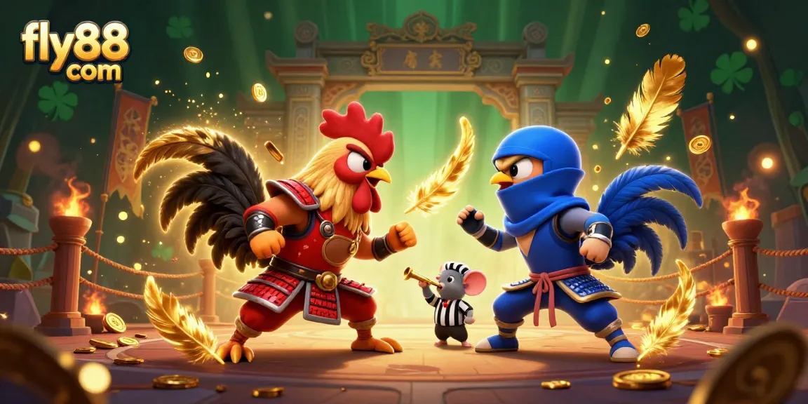 Experience thrilling action with fighting roosters in a vibrant fly88 com casino illustration.