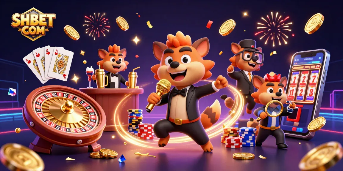 Experience the excitement of SHBET COM with a comedic casino scene featuring a stand-up hyena, dynamic games, and celebratory elements.
