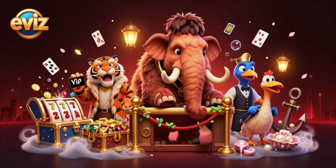 eviz presents a vibrant scene with a woolly mammoth bouncer and a saber-tooth tiger VIP guest.