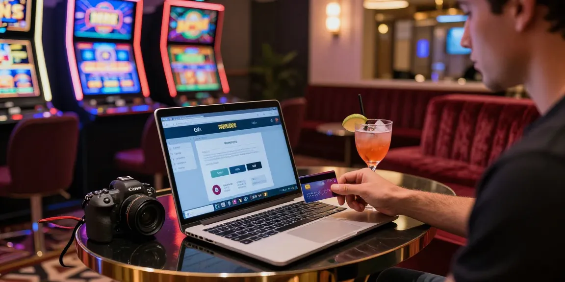 Player enjoying a thrilling credit card casino experience on a laptop with vibrant slot machines in the background.