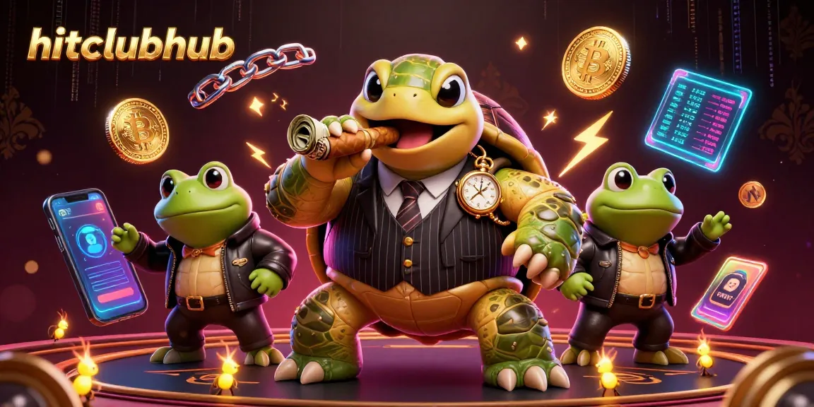 Join the excitement at hitclubhub, a vibrant online casino showcasing a lively 3D turtle character in a suit amidst dynamic gambling elements.