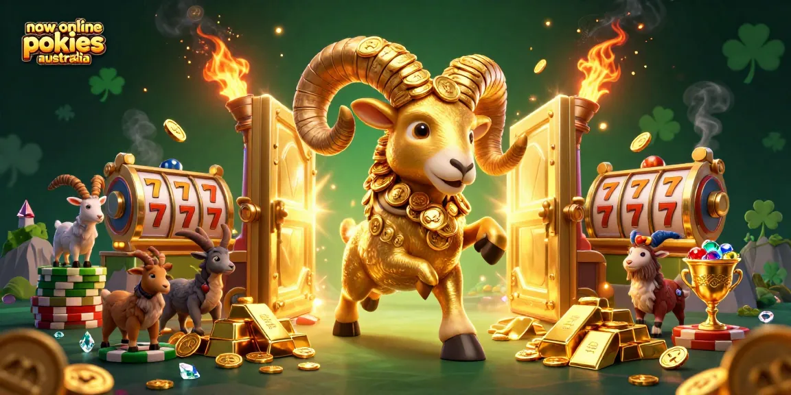 Experience the thrill with new online pokies Australia featuring vibrant golden ram and treasure elements.