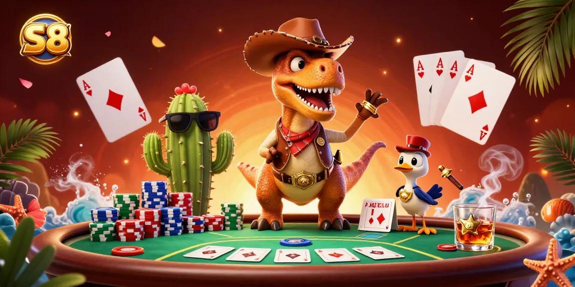 Engage in thrilling poker at S8 with a dynamic, cartoonish T-Rex in a vibrant casino scene.