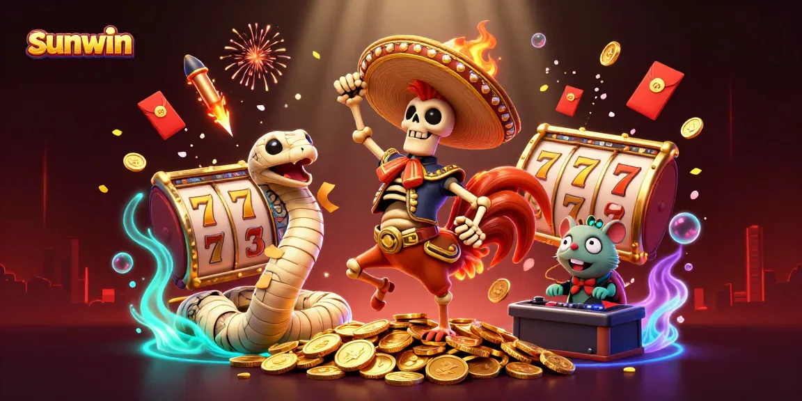 Experience the excitement of sunwin with vibrant characters dancing on golden coins amid spinning slot reels.