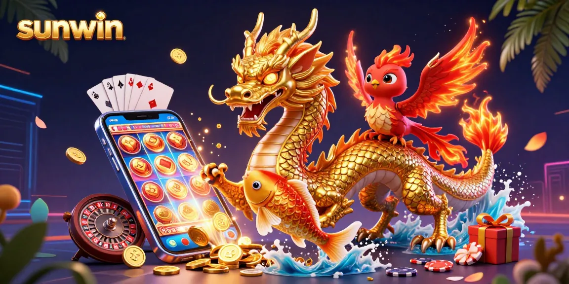 Join the thrilling game action with sunwin's dragon, phoenix, and koi fish in a vibrant casino scene.