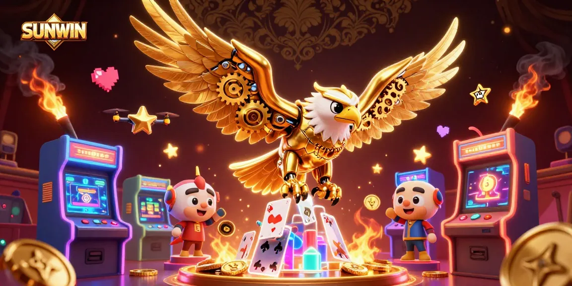SUNWIN unlocks vibrant gaming adventures with a 3D golden eagle soaring through holographic cards and casino elements.