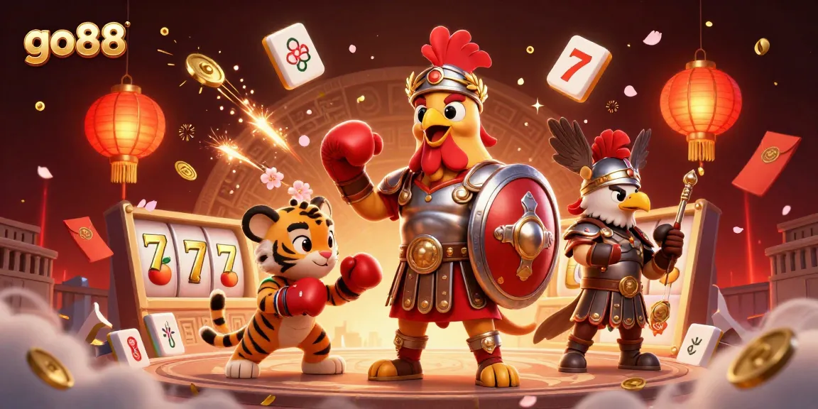 Engage with go88's thrilling slot experience featuring a rooster champion in a vibrant casino atmosphere.