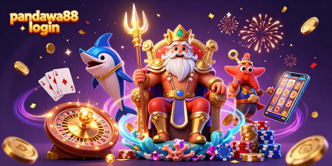 Pandawa88 login scene featuring Neptune with coins, roulette, and slot reels in a vibrant casino atmosphere.